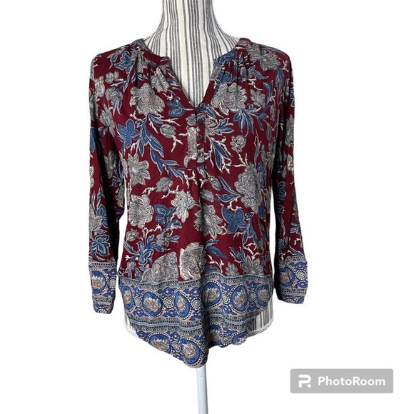 Lucky Brand Tops - Lucky Brand Floral Damask Burgundy Wine V Neck 3/4 Sleeve Lightweight Blouse XS